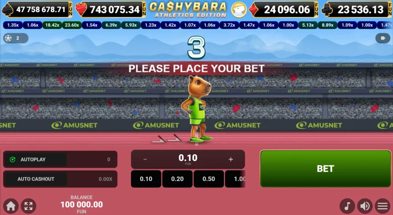 Cashybara Athletics Edition - main race screen with multiplier counter